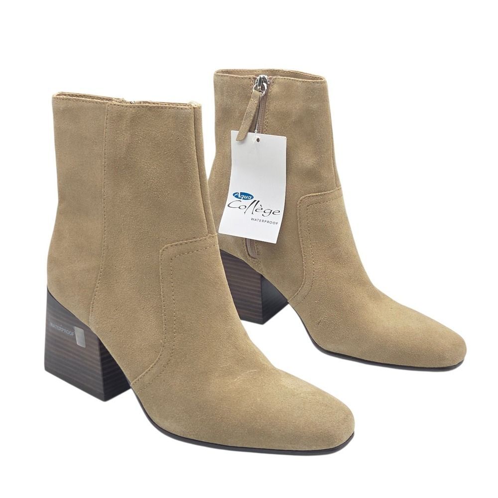 Aqua College Women Tora Waterproof Taupe Suede‎ Bootie 9M Block Heel Ankle Boots